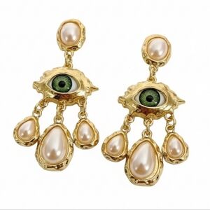 Schiaparelli Style Elegant Gold and Pearl Evil Eye Drop Earrings